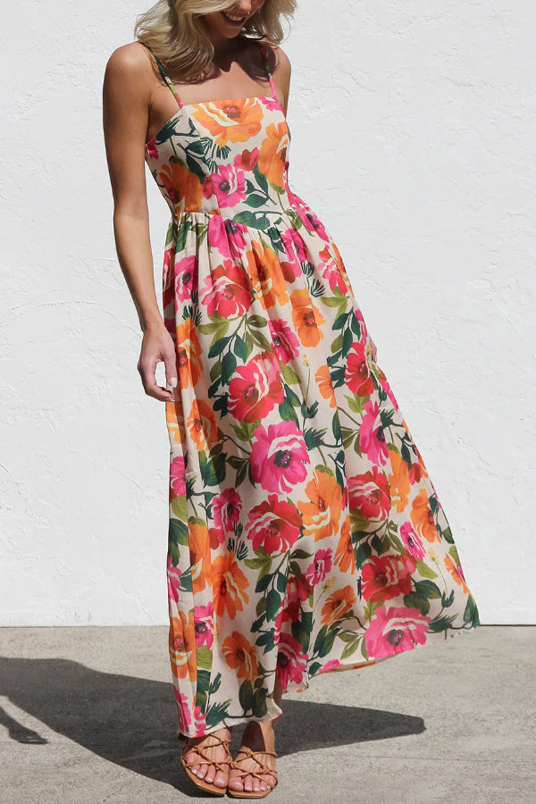 Floral Print Sleeveless Square Neck Casual Holiday Midi Dress