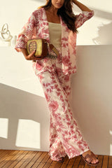 Linen Blend Botanical Print Loose-fitting Top and Elastic Waist Wide-leg Casual Pants Set