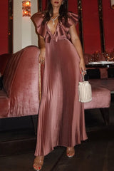 Merry and Bright Satin Deep V-neck Dramatic Ruffled Sleeve Pleated Maxi Dress