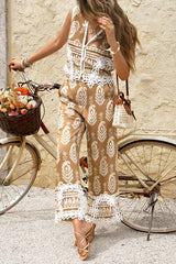Bohemian Style Unique Print V-neck Sleeveless Top and Elastic Waist Casual Pocket Wide-leg Pants Set