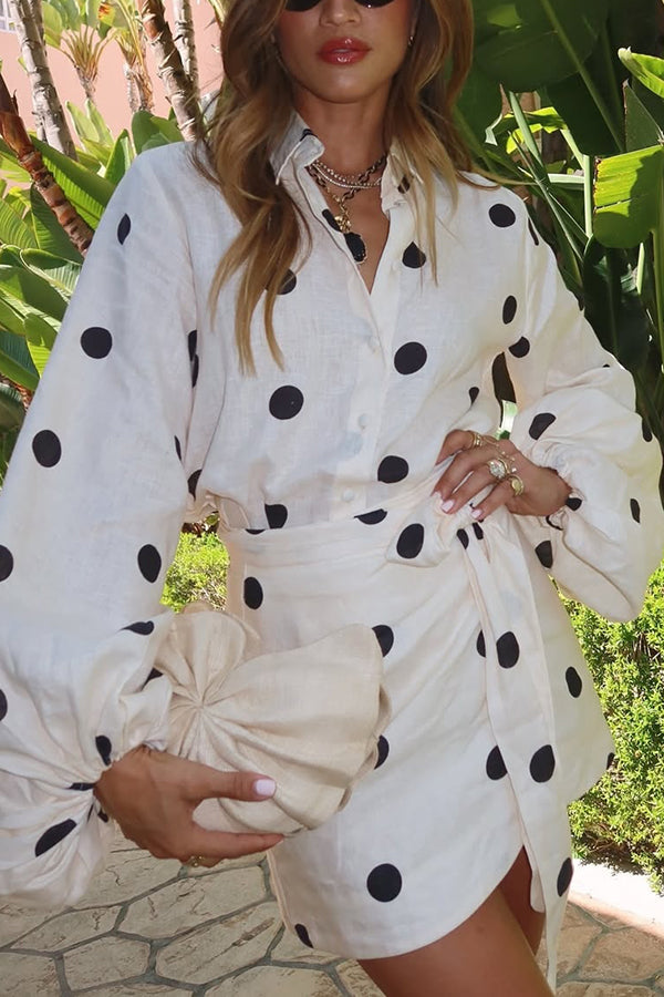 Effortlessly Linen Blend Polka Dot Balloon Sleeve Blouse and Wrap Tie-up Loose Mini Skirt Set