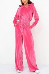 Solid Color Velvet Hooded Zip-up Sweatshirt and Elastic Waist Casual Pocket Straight-leg Pants Set
