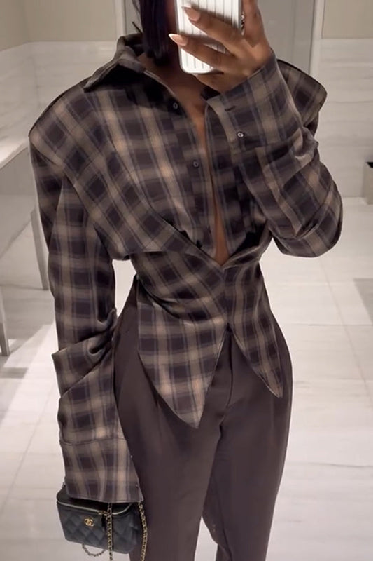 Vintage Plaid Shoulder Pad Buttons Long Sleeve Angled Hem Shirt