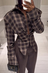 Vintage Plaid Shoulder Pad Buttons Long Sleeve Angled Hem Shirt