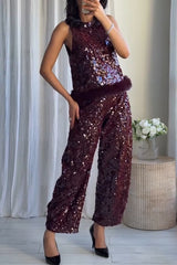 Gala Goddess Sequin Faux Fur Trim Crew Neck Sleeveless Loose Top