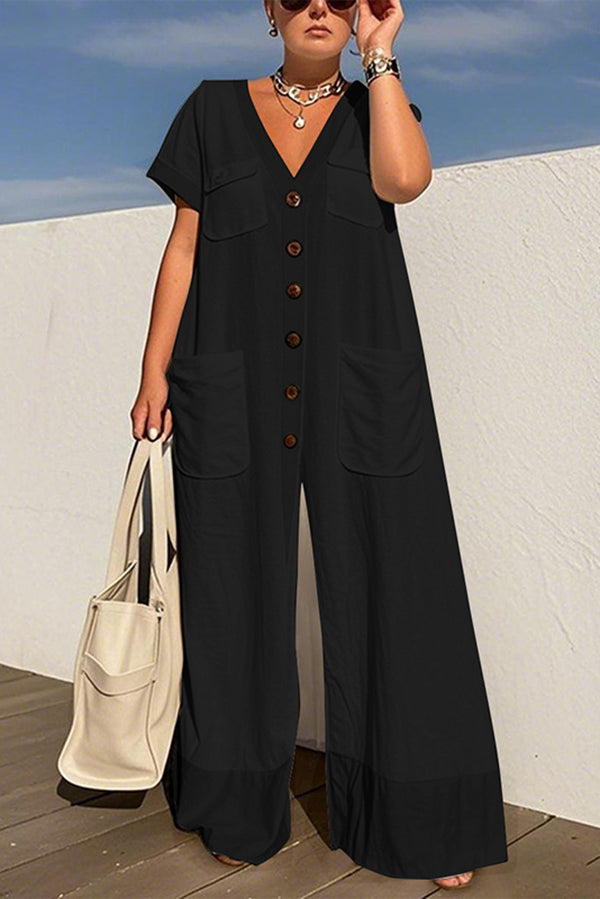 Solid Color V-neck Single-breasted Pocket Loose Casual Jumpsuit