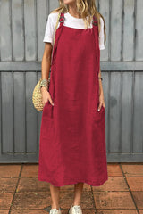 Linen Blend Fashion Adjustable Straps Casual Pocket Midi Dress