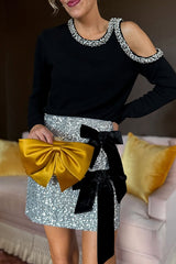 Holiday Party Sequin Velvet Bow Detail High Rise Stretch Mini Skirt