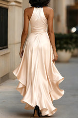 Solid Color Satin V-neck Sleeveless Elegant Ruffle Maxi Dress