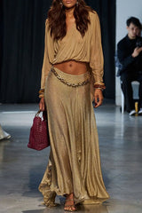 Dazzle Vacation Metallic Knit Long-sleeve Draped Crop Top and Mid Rise Irregular Slit Hem Maxi Skirt Set