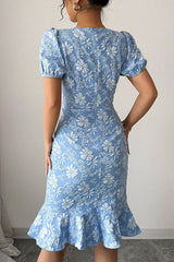 Floral Pattern Round Neck Puff Sleeve Fitted Midi Dress