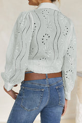 Fashion Hollow Puff Sleeve Casual Lapel Loose Shirt