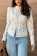 Fashion Hollow Lace Stand Collar Long Sleeve Slim Shirt