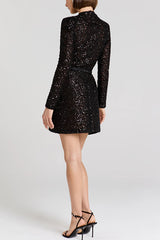 Edie Sequin High Neck Long Sleeve Satin Bow Belted Tulip Mini Dress