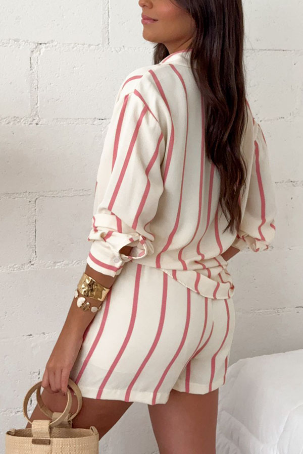 Leisure Time Striped Print Button Long Sleeve Shirt and Elastic Waist Pocket Loose Shorts Set