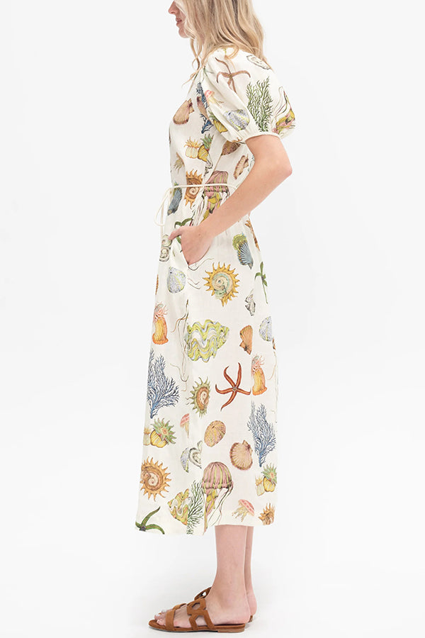 Beach Shell Print Puff Sleeve Tie-Waist Casual Midi Dress