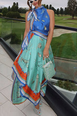 Surrealist Summer Satin Unique Print Tie-up Details Layered Hem Scarf Maxi Dress