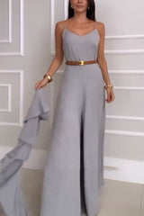 Solid Color V-neck Suspenders Casual Wide-leg Jumpsuit (Contains Shawl)