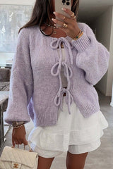 Solid Color Long-sleeved V-neck Lace-up Loose Knitted Sweater