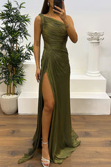 Fashion One-shoulder Pleated Ribbon Slim Slit Maxi Dress