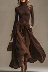 Stylish High-neck Long-sleeved Fitted Top and Casual Elastic Waist Pocket Maxi Skirt Set