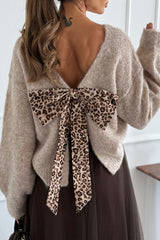Gisella Knit Back Slit Leopard Print Bow Design Long Sleeve Relaxed Sweater