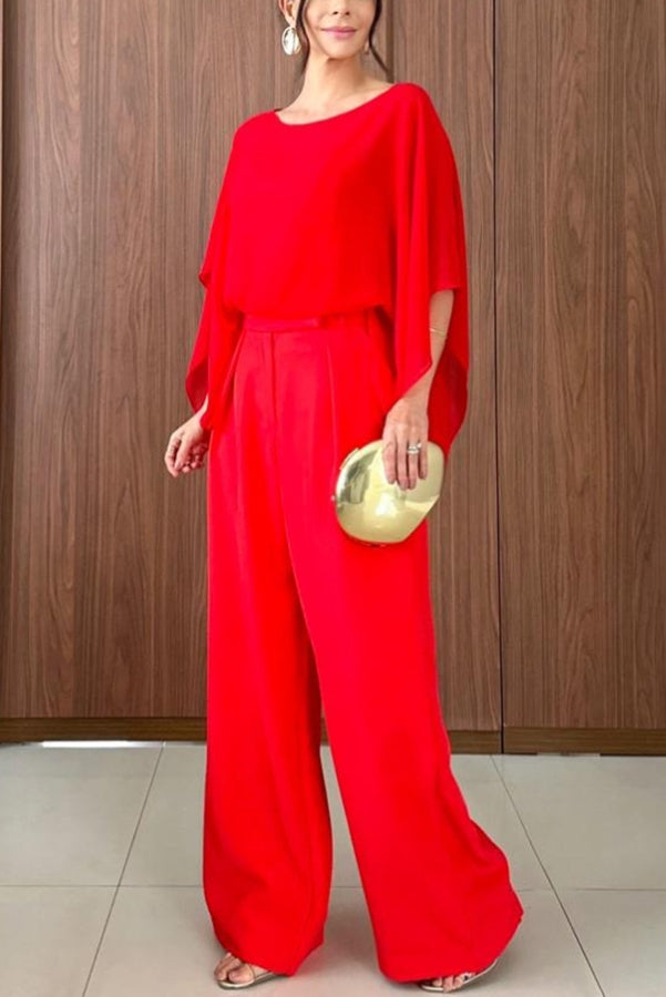 Vanie Chiffon Cape Batwing Sleeve Top and High Waist Pocket Wide Leg Pants Set