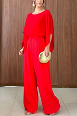 Vanie Chiffon Cape Batwing Sleeve Top and High Waist Pocket Wide Leg Pants Set