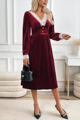Vintage Velvet Lace Paneled V-neck Long-sleeved Elegant Midi Dress