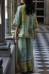 Elonie Satin Floral Print V-neck Half Sleeve Top and Elastic Waist Wide Leg Pants Set