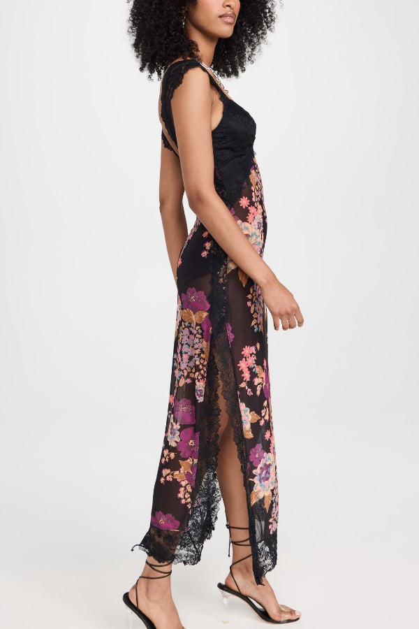 Floral Print Lace Patchwork Hollow-out Slim-fit Midi Dress