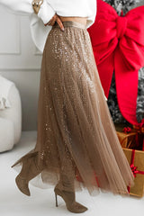 Party Daydream Sequin Tulle High Rise Elastic Waist Maxi Skirt