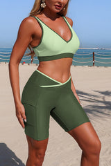 Stylish V-neck Pocketed Stretch Two-piece Bikini Swimsuit and Solid Color Long-sleeved Cover-up Set