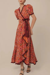 Bohemian Floral Print Elegant Puff Sleeve Holiday Maxi Dress