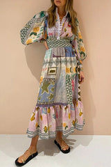 Playfully Chic Unique Print Balloon Sleeve Smocked Waist Shirt Midi Dress