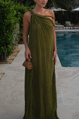 Khloe Linen Blend One Shoulder Draped Brds Cover Up Maxi Dress