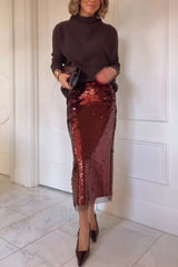 Upper East Chic Sequin Mesh Trim High Rise Slit Pencil Midi Skirt