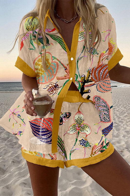 Broadleaf Print Loose Button Elastic Waist Shorts Set