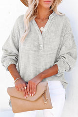 Solid Color Long Sleeve Pleated Button Loose Top