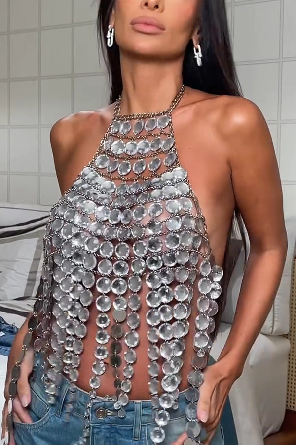 Sexy Halter Neck Metal Chain Gem Backless Vest