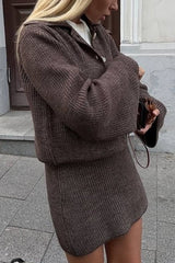 Fashion Lapel Bell Sleeve Knitted Cardigan and Casual Mini Skirt Set