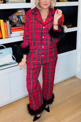 Holiday Time Plaid Contrast Feather Sleeve Pocket Shirt and Elastic Waist Pajama Set