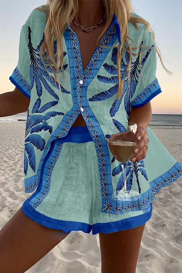 Blue Coconut Tree Print Loose Button Elastic Waist Shorts Set