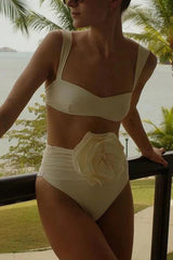 Solid Color Square Neck High Waist 3D Floral Stretch Bikini Swimsuit