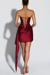 Party Entrance Sequin Corset Ruched Satin Ruffle Hem Strapless Mini Dress