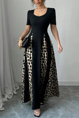 Fashionable Leopard Print Patchwork Slim Short-sleeved Maxi Dress
