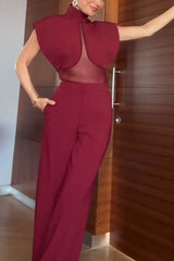 Vita Mesh Patchwork High Neck Wide Sleeve Bodysuit and High Rise Pocket Slit Pants Set