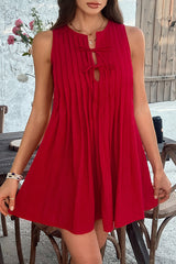 Solid Color Sleeveless Tie Pleated Casual Mini Dress