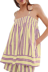 Striped Print Suspender Loose Pocket Top and Elastic Waist Casual Shorts Set