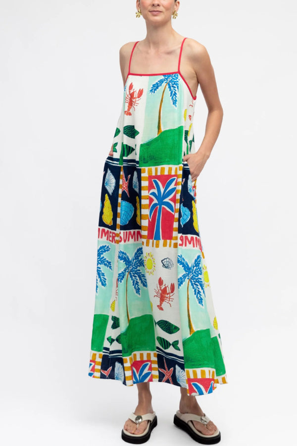 Summer-themed Printed Square Neck Sleeveless Pocket Loose Maxi Dress